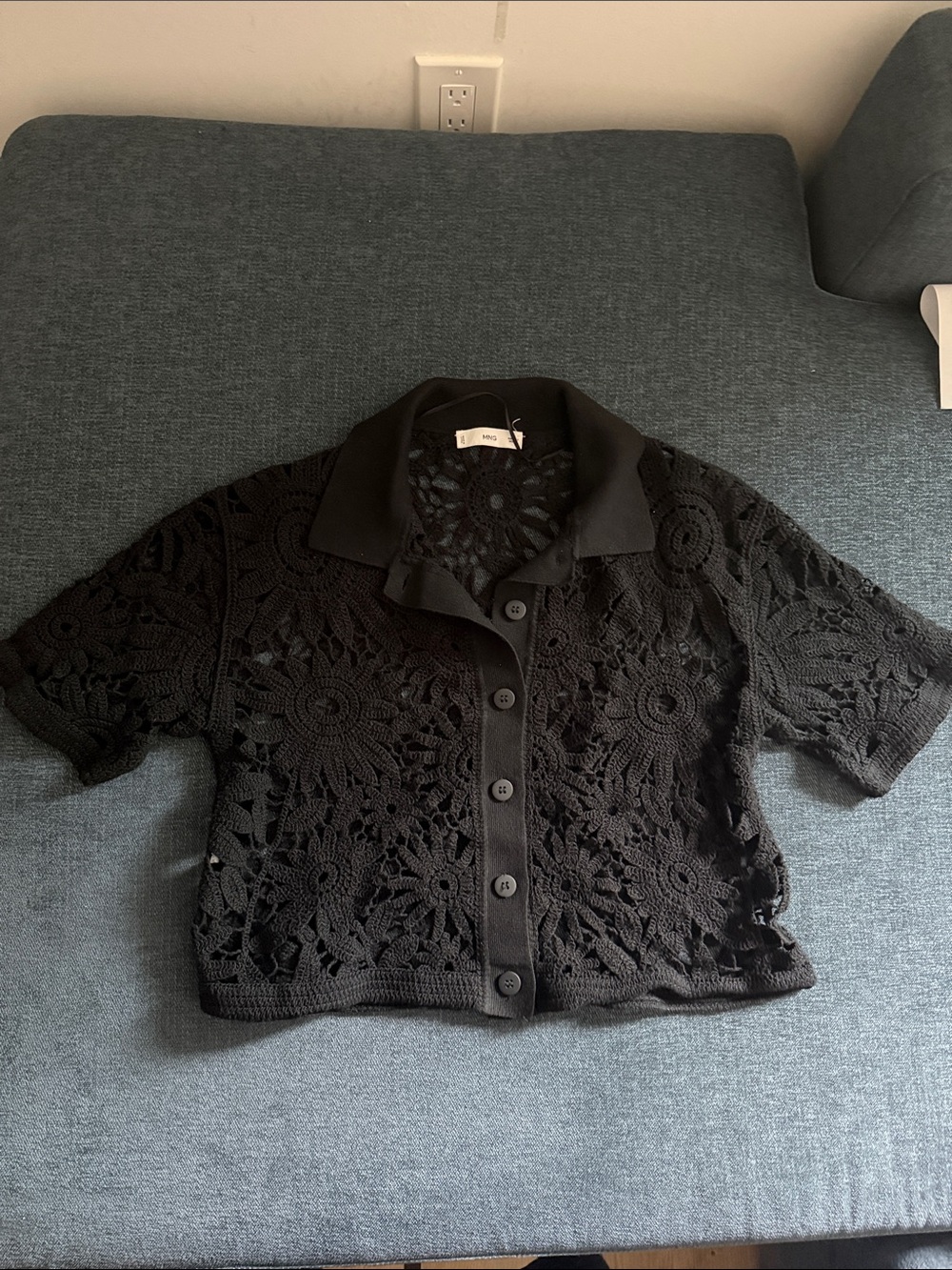 Mango Black Crochet Button-Up Short Sleeve Cardigan